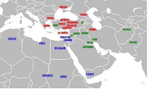 Map shows Josephus' geographic identifications for the Sons of Noah. Red=Japheth, Blue=Ham, Green=Shem.